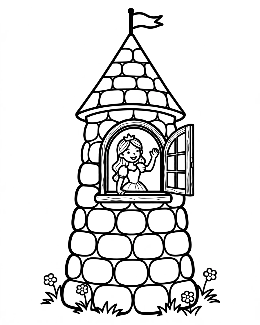 A castle tower with a princess waving from the window