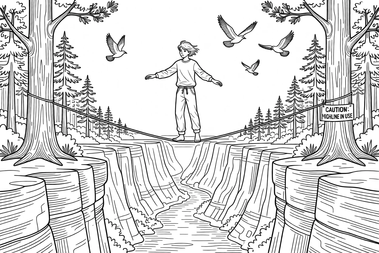 A slackliner balancing high above a canyon, with birds circling high above the treetops.