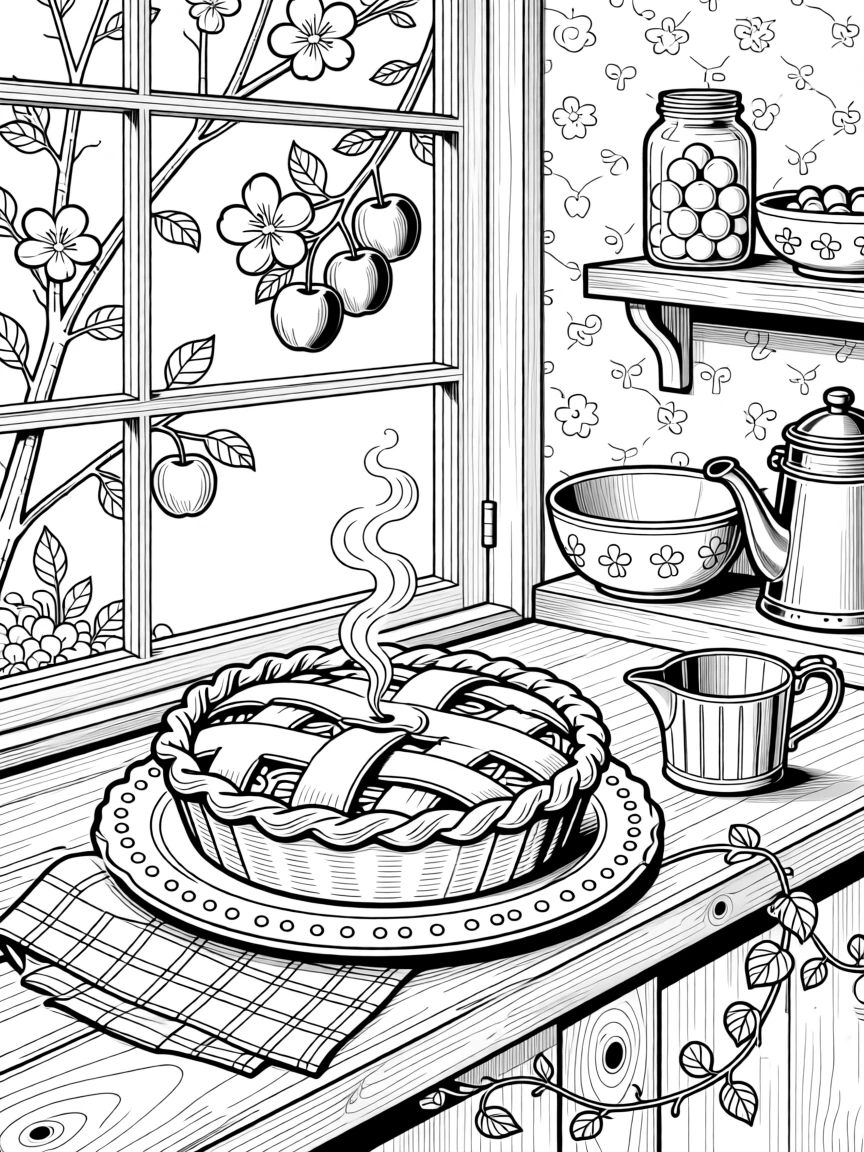 A rustic apple pie cooling on a windowsill with steam rising.