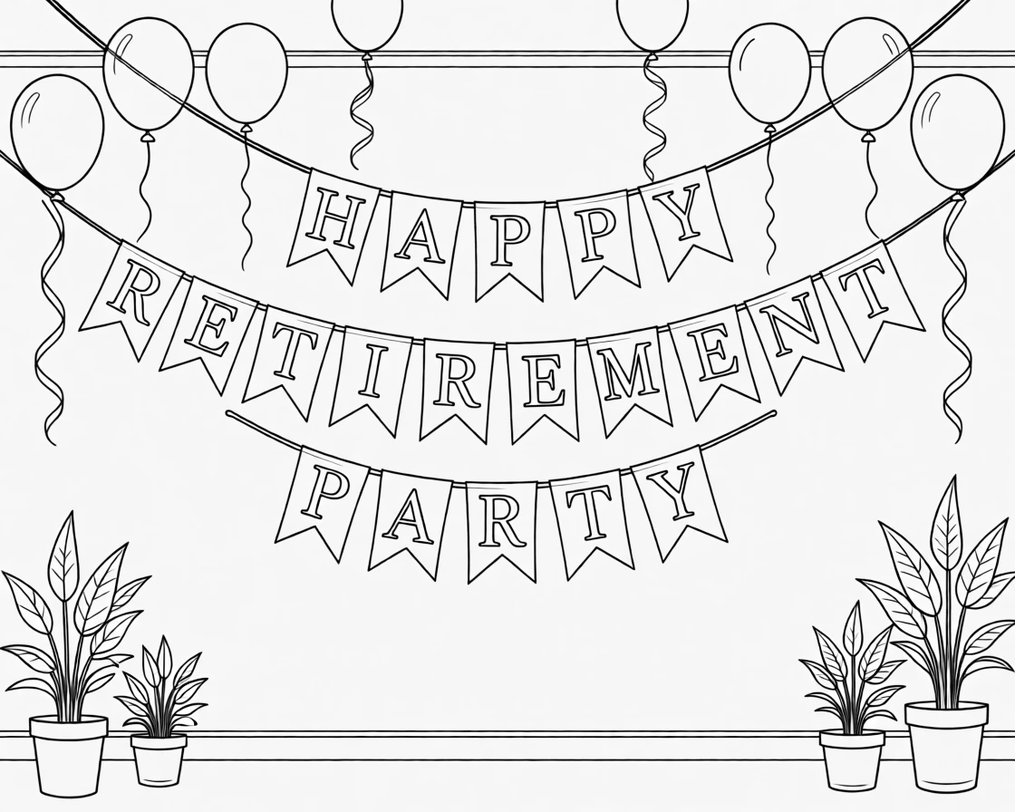 A retirement party banner strung across a decorated room