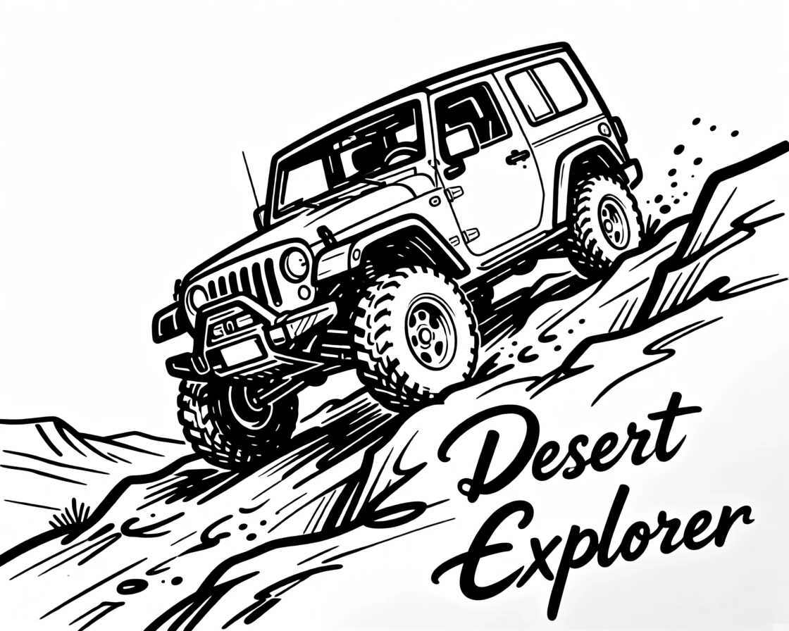 A rugged off-road jeep climbing a rocky desert trail.