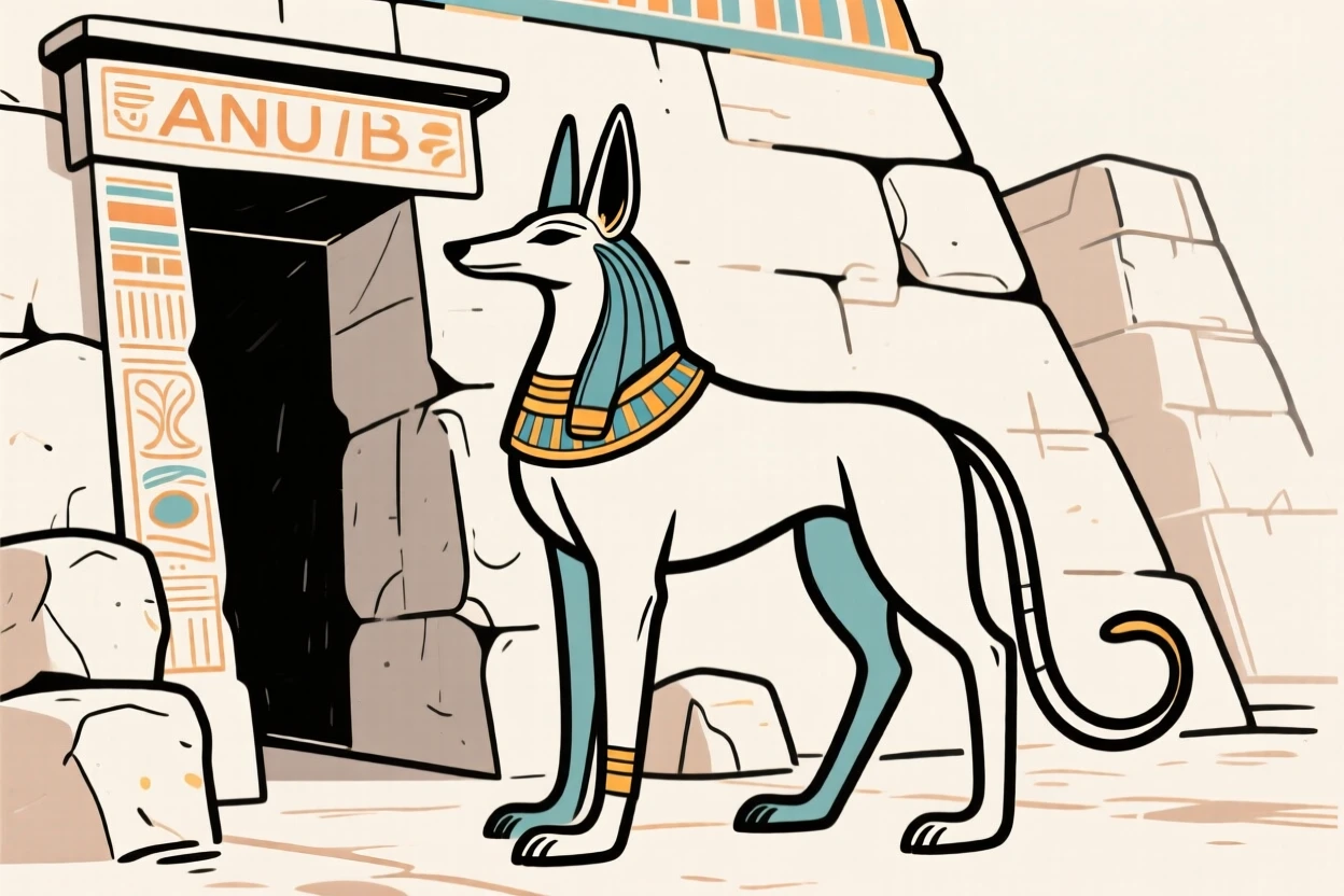Anubis standing guard beside the entrance of an ancient Egyptian tomb.