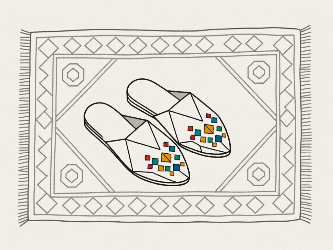 A pair of embroidered slippers on a Persian rug