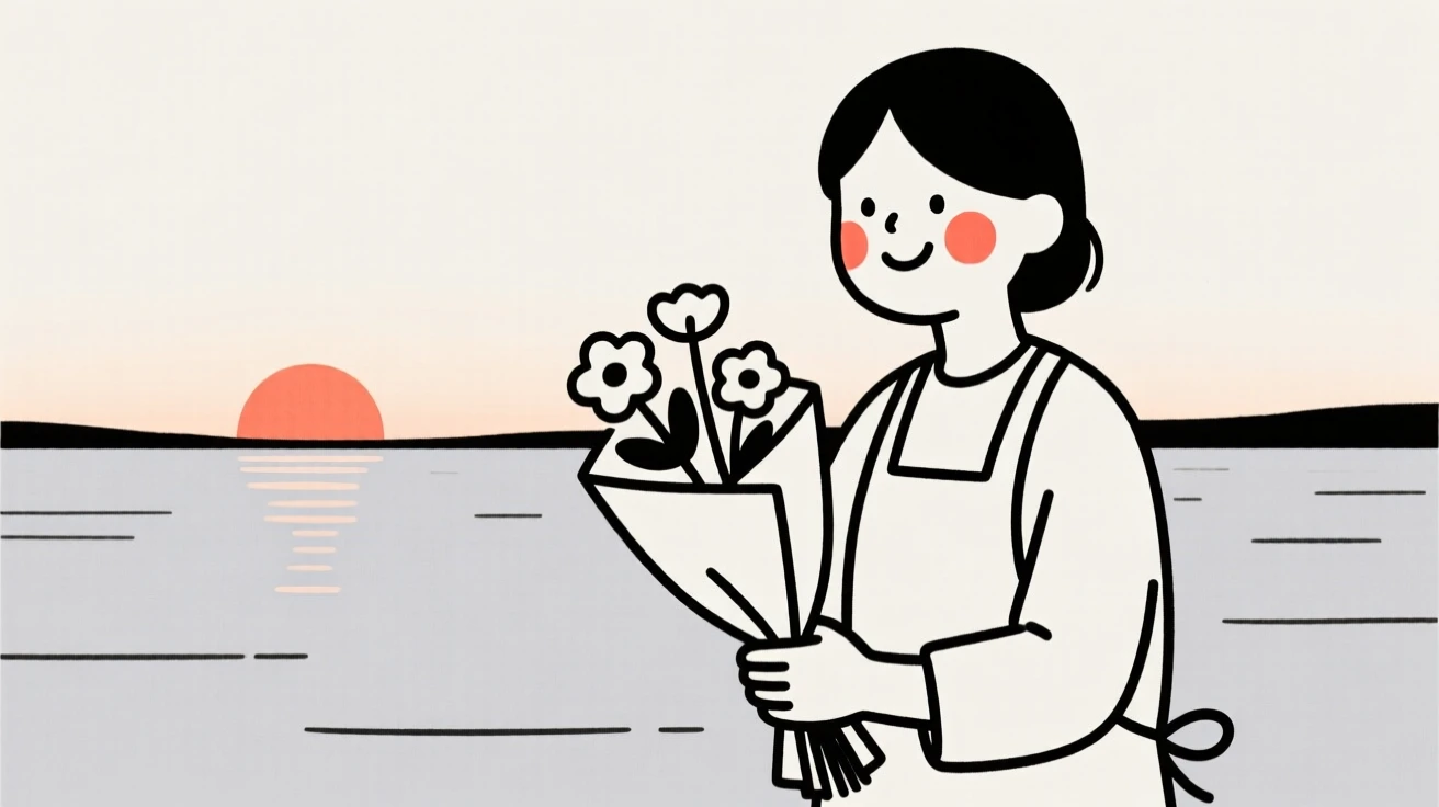 A florist arranging a bouquet, grinning mischievously, beside a calm lake at sunrise.
