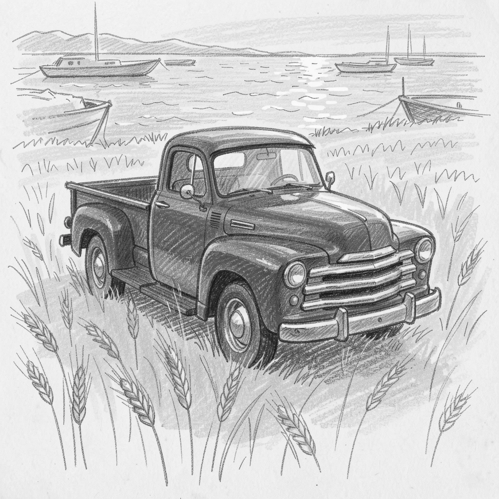 An eye-catching view of an old red pickup truck in a wheat field beside a sparkling harbor, with golden sunset light reflecting off the chrome.