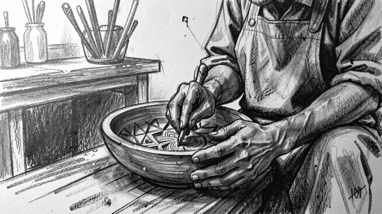 A woodworker carving an intricate design into a wooden bowl, in a moment of quiet togetherness.
