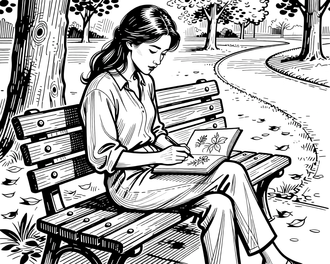 A woman sketching in a notebook while sitting on a park bench.