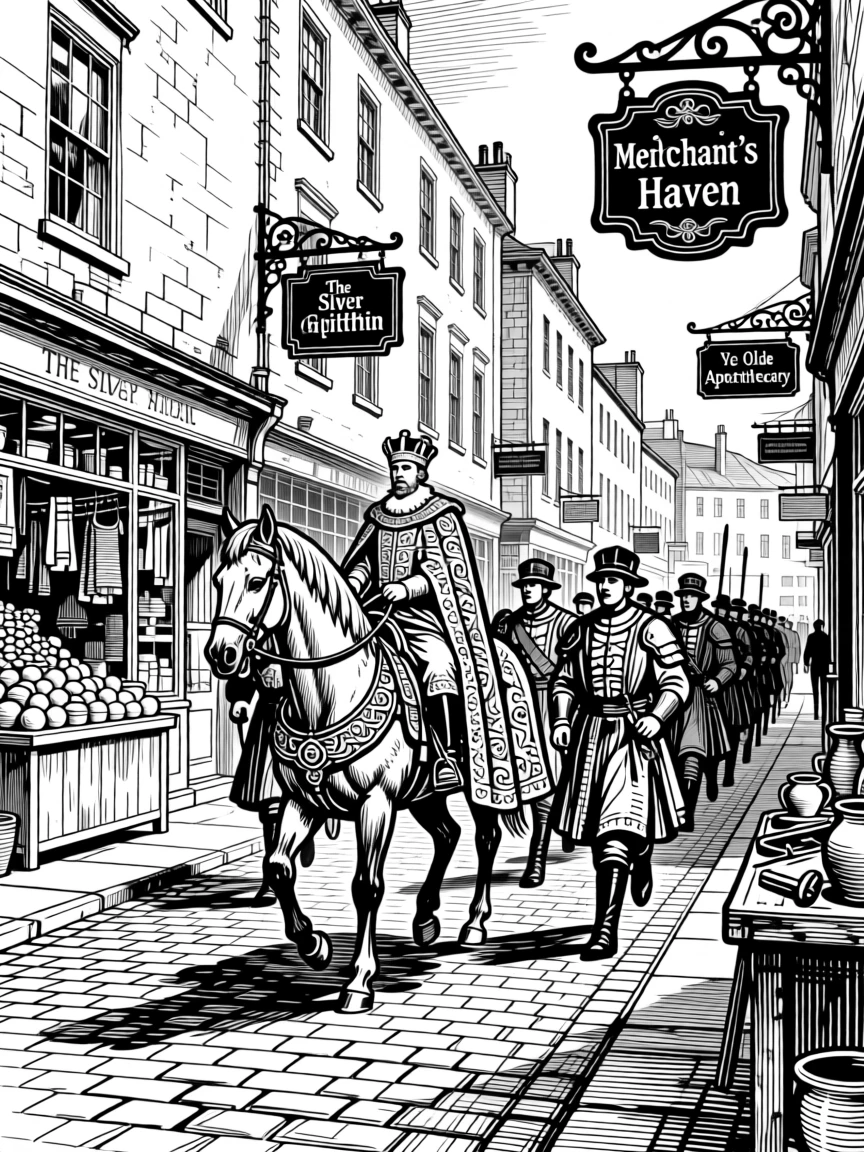 A royal procession through a grand city square on a cobbled street lined with old shopfronts, with goods and wares displayed with pride, portrayed in a proud and storied historical scene.