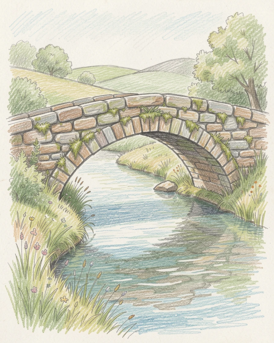 A rustic stone bridge crossing a gently flowing countryside stream, with delicate details that reward a closer look, celebrating a moment people would love to revisit.