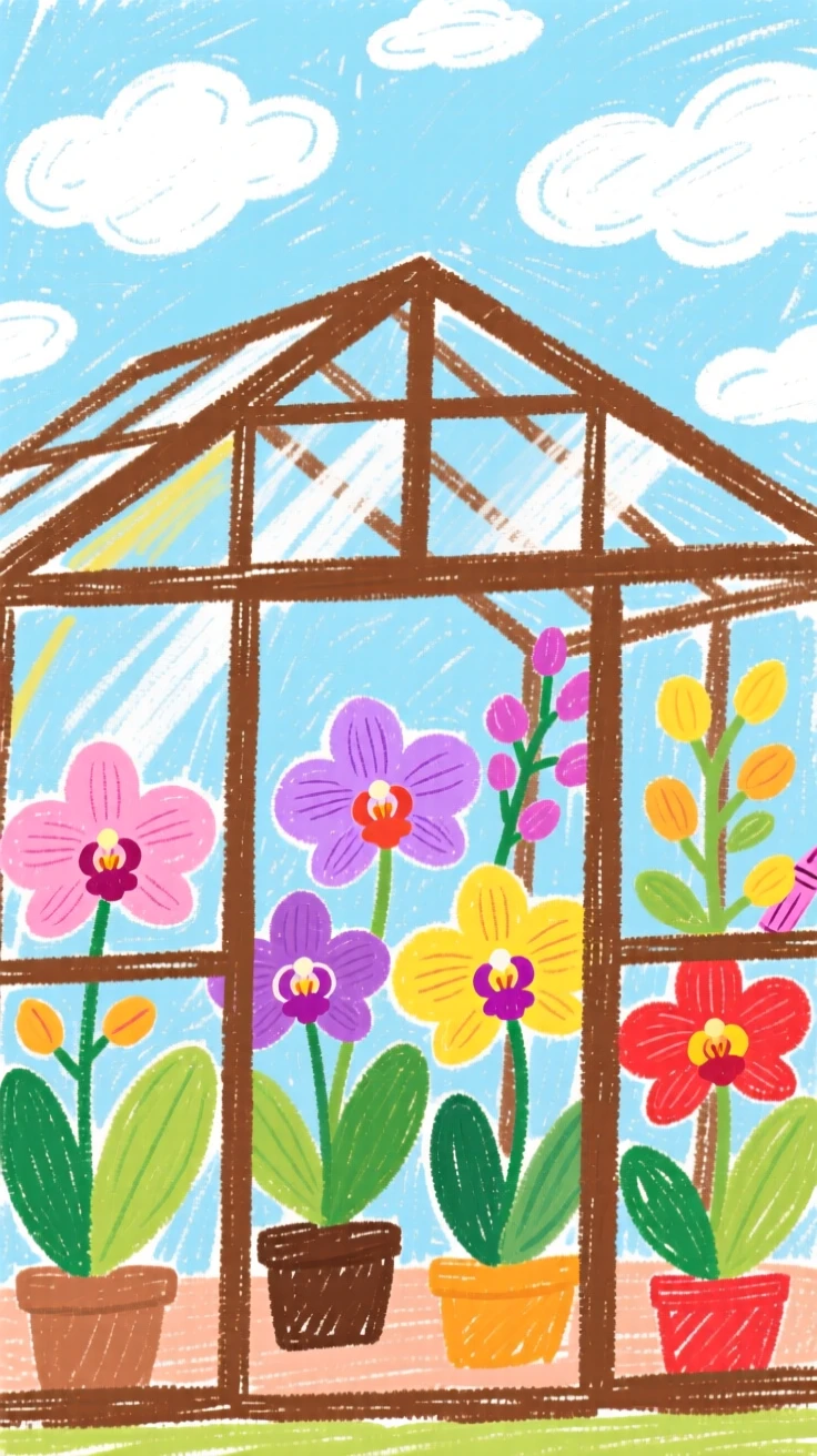 A view of a greenhouse full of orchids beneath a sky full of drifting clouds.