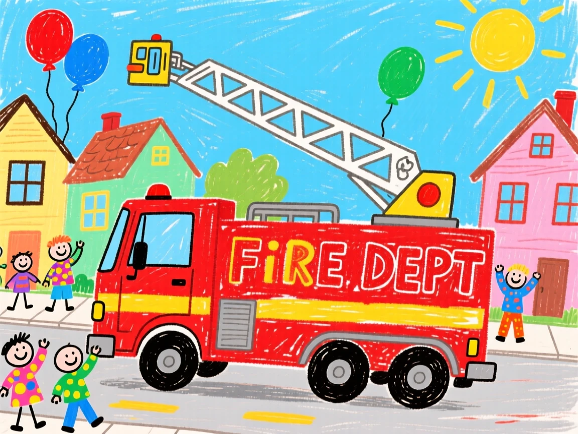 A shiny fire engine ladder truck rolling through a small town parade.