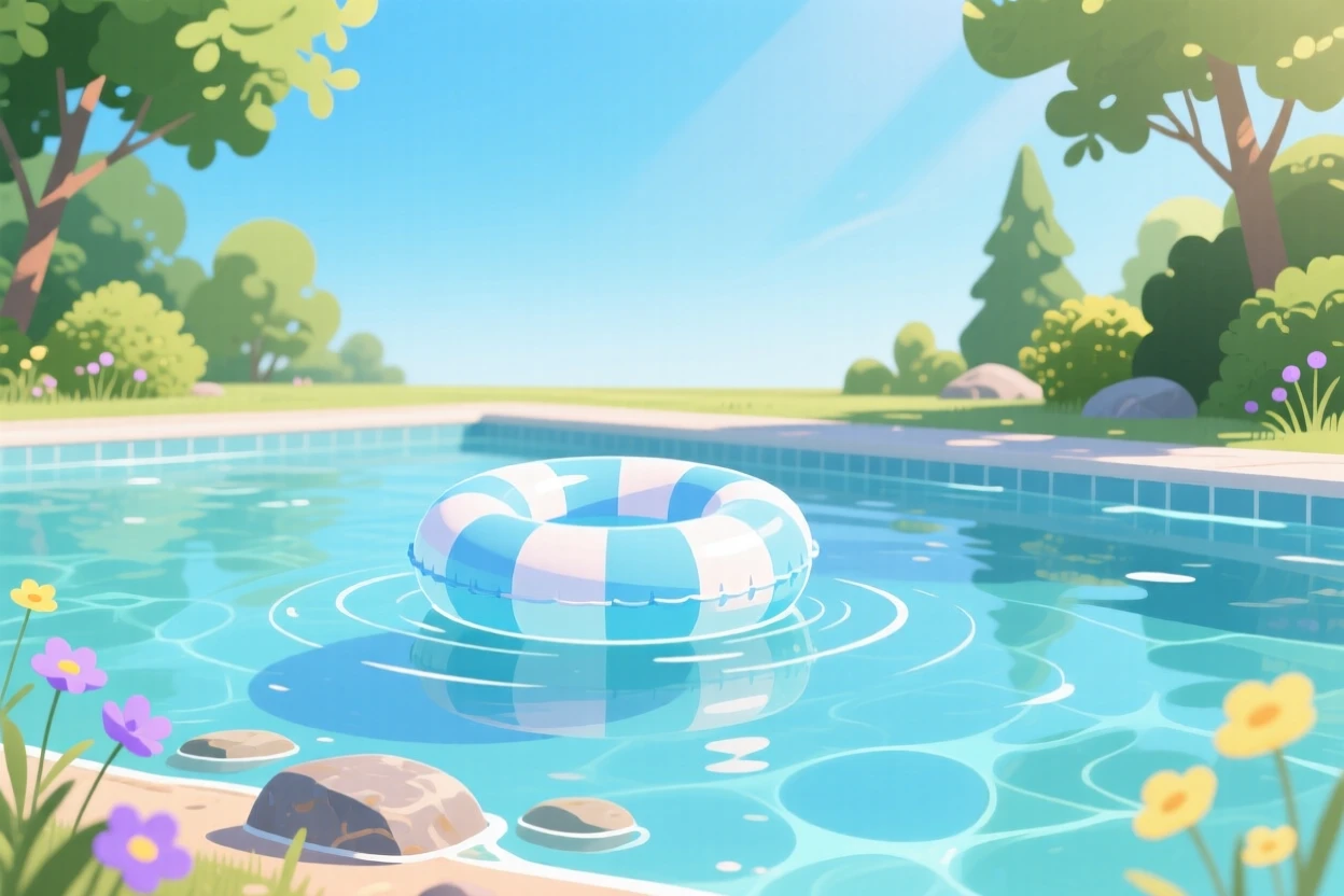 A pool float drifting lazily in crystal clear summer water, set within a peaceful outdoor seasonal scene, composed with balanced natural elements throughout, with a fresh, crisp atmosphere throughout.