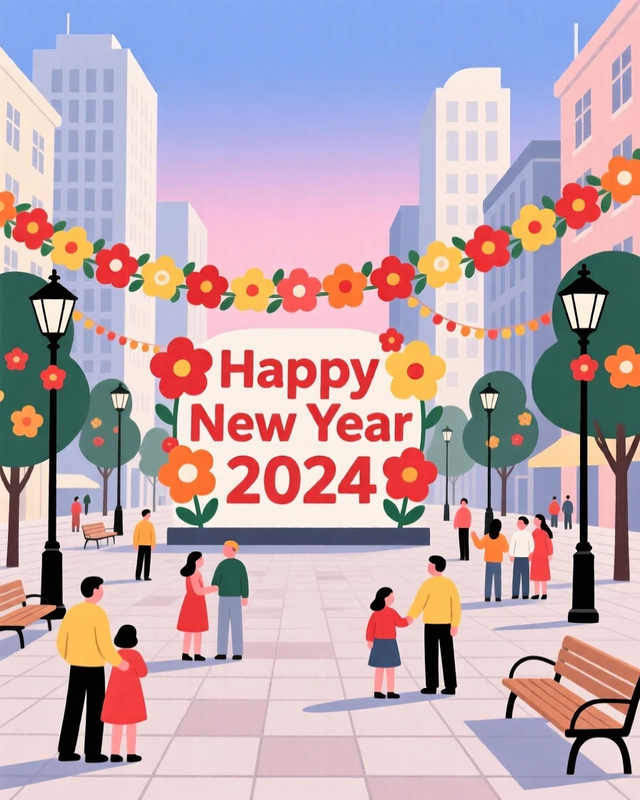 A New Year celebration with garlands of flowers filling a city plaza.