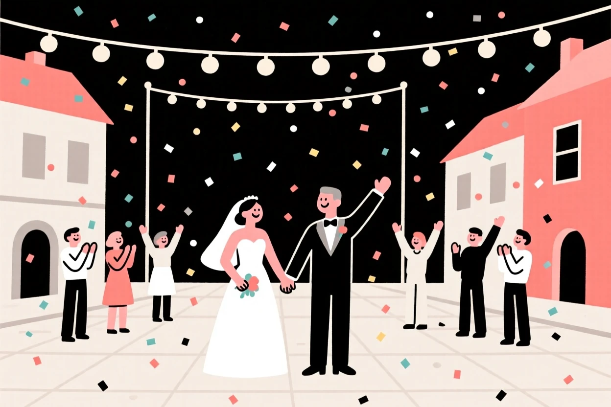 A joyful wedding celebration taking place in a festively lit town square, decorated with confetti in the air, full of shared happiness.