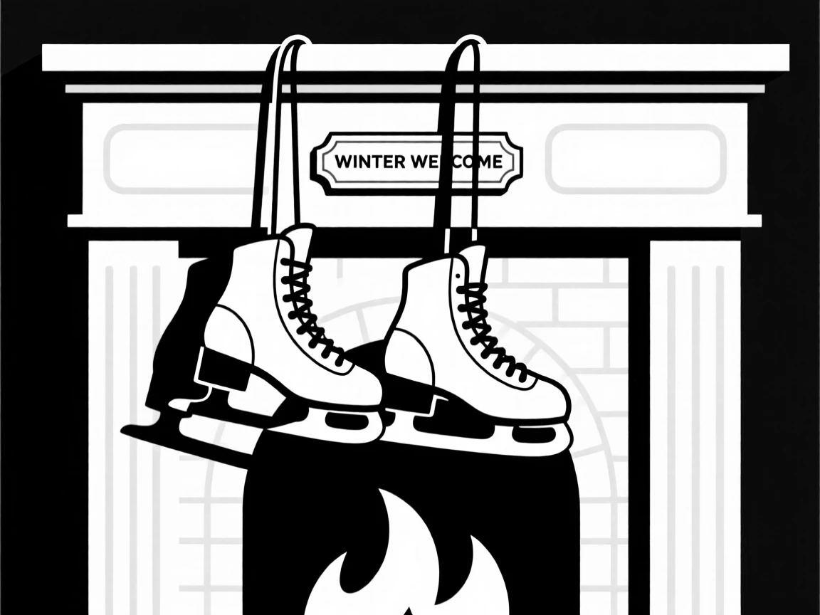 A pair of ice skates hanging by a fireplace.