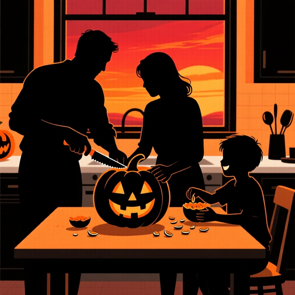 A family carving a jack-o-lantern together at the kitchen table.