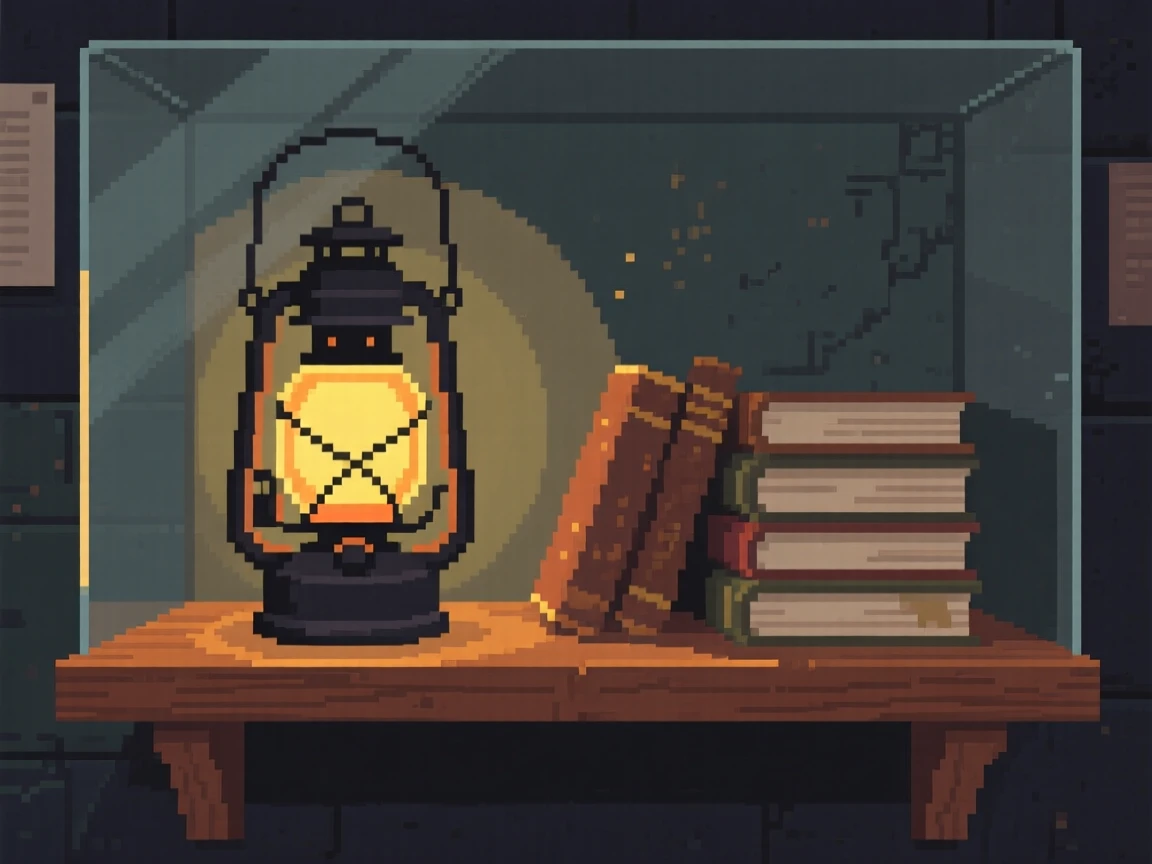 A glowing magic lantern sitting on a shelf beside dusty books, in a museum display at midnight.