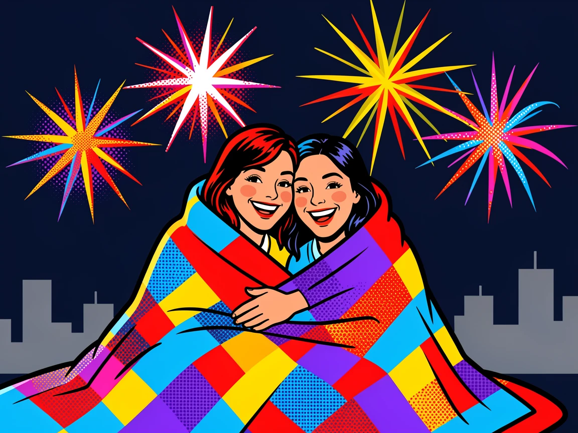 A couple sharing a cozy blanket while watching a fireworks show