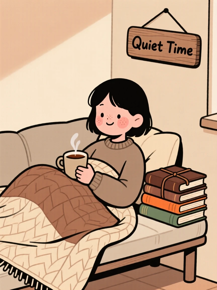 A teenager curls up in a reading nook beside a stack of old books, wrapped in a knitted quilt while sipping a cup of tea.