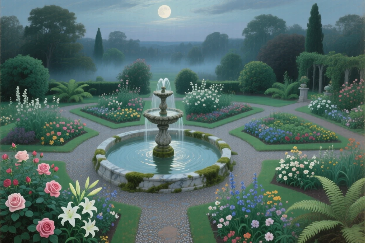 An aerial view of a botanical garden with a stone fountain surrounded by blooming flowers, under a full moon, at the start of a humid summer.