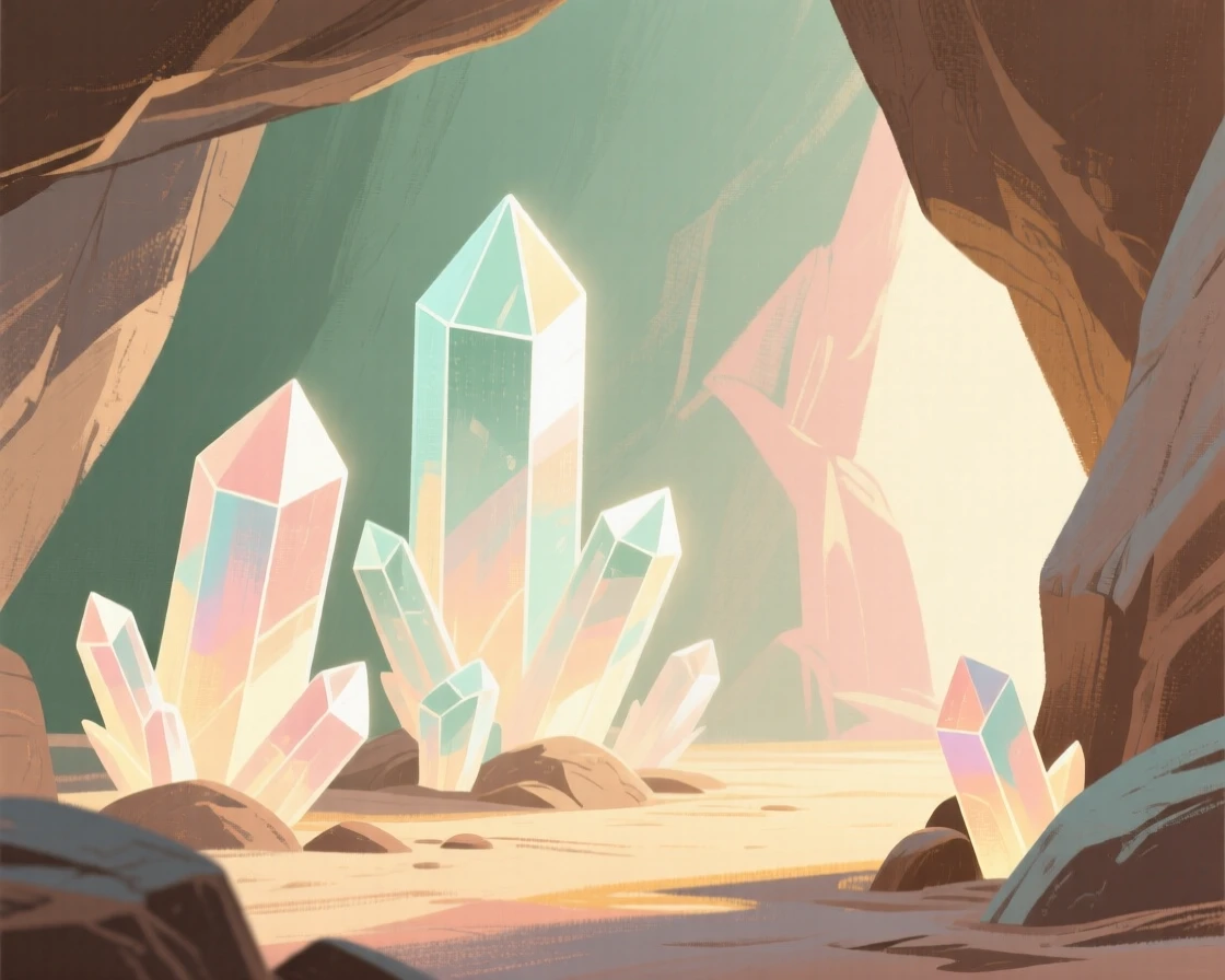 A crystal cave glowing with softly luminous mineral formations