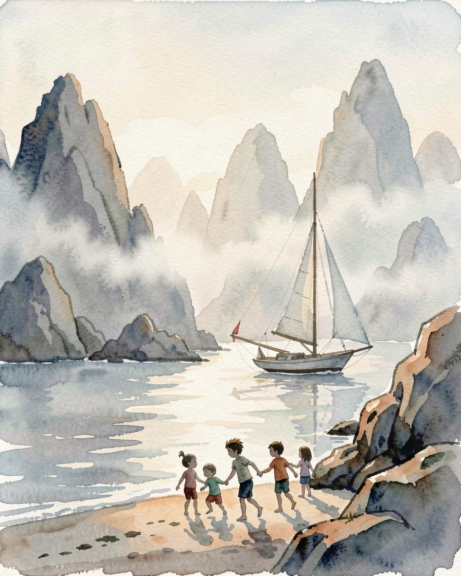 A sailboat drifting past a rocky archipelago with soft morning fog rolling through with children playing nearby.
