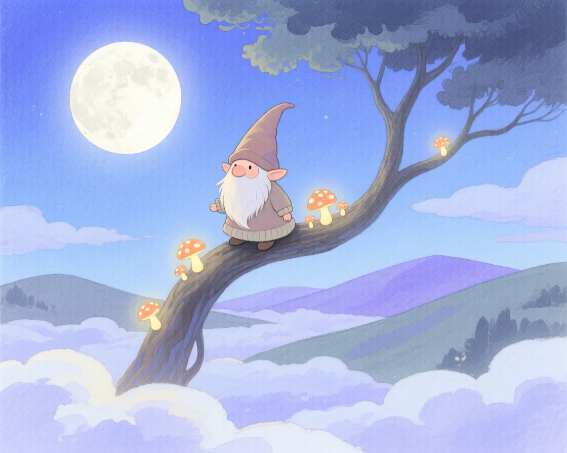 A tiny tiny gnome perches on a moonlit branch in a cloud kingdom above the hills, with glowing mushrooms lighting the path