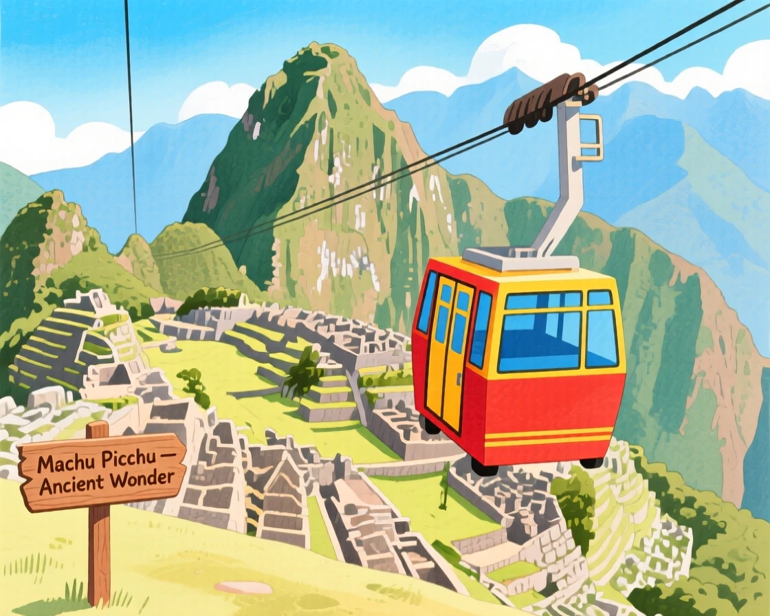 A memorable scene of a cable car ascending toward Machu Picchu's ancient ruins.