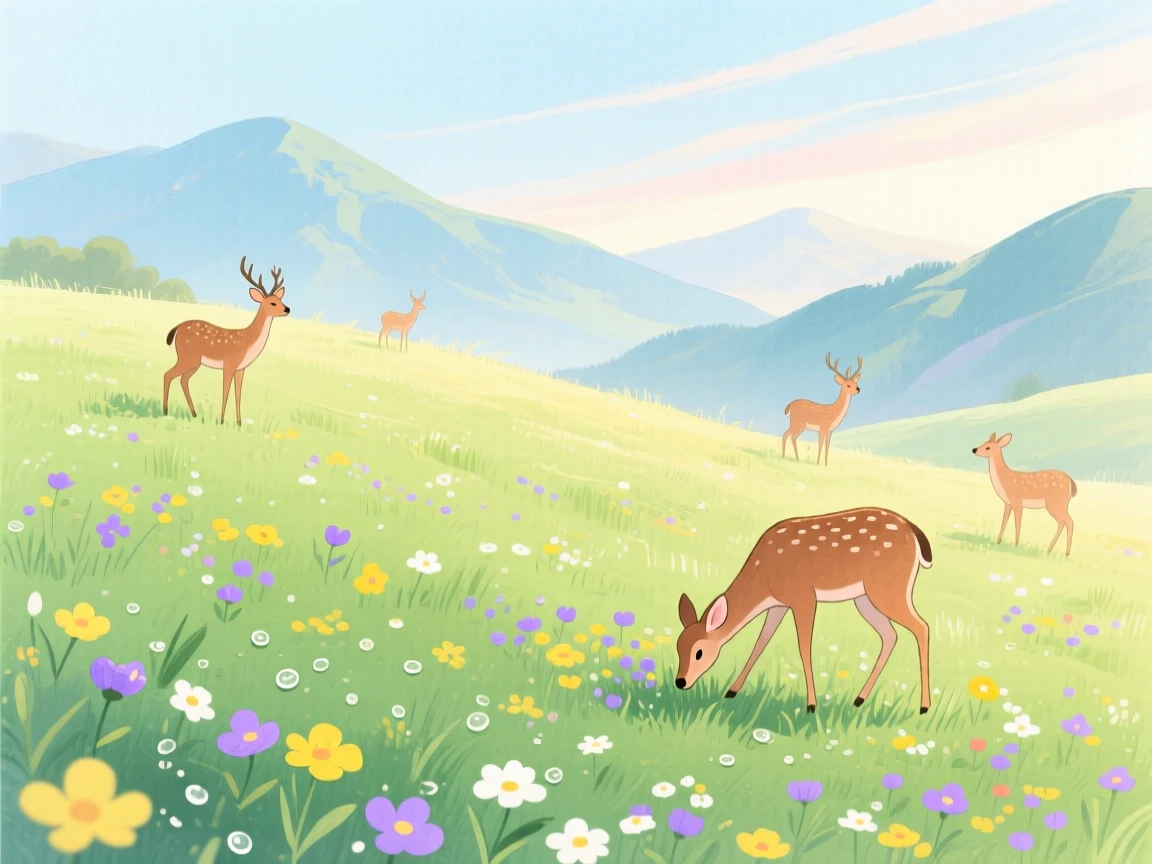 A mountain meadow dotted with wildflowers and grazing deer, with morning dew glistening on the grass, filled with quiet majesty and stillness.