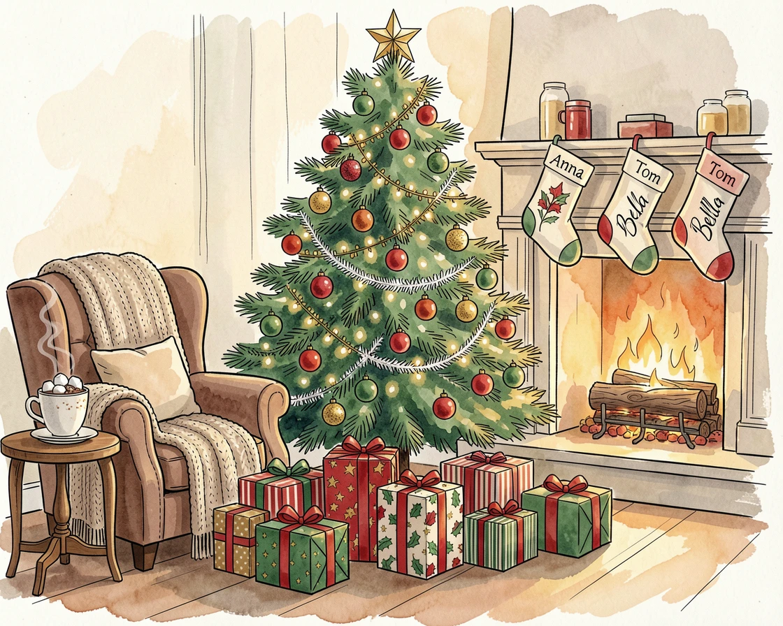 A festive Christmas morning scene with presents beneath a decorated tree, the mood cozy, joyful, and full of seasonal spirit.