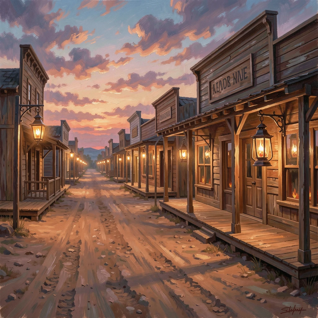Beneath a canopy of lanterns at dusk, a wild-west frontier town at sunset, along a dusty frontier road lined with wooden storefronts, lanterns being lit one by one as the sun sets.