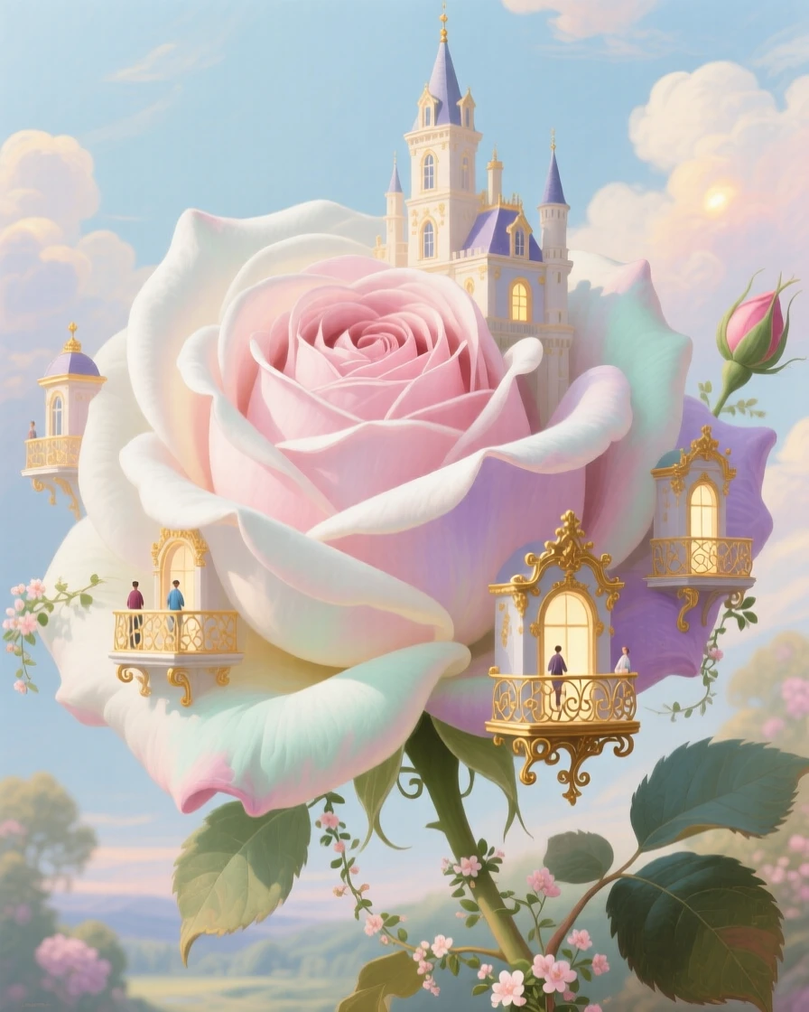 A castle inside a giant rose, with tiny balconies among the petals  