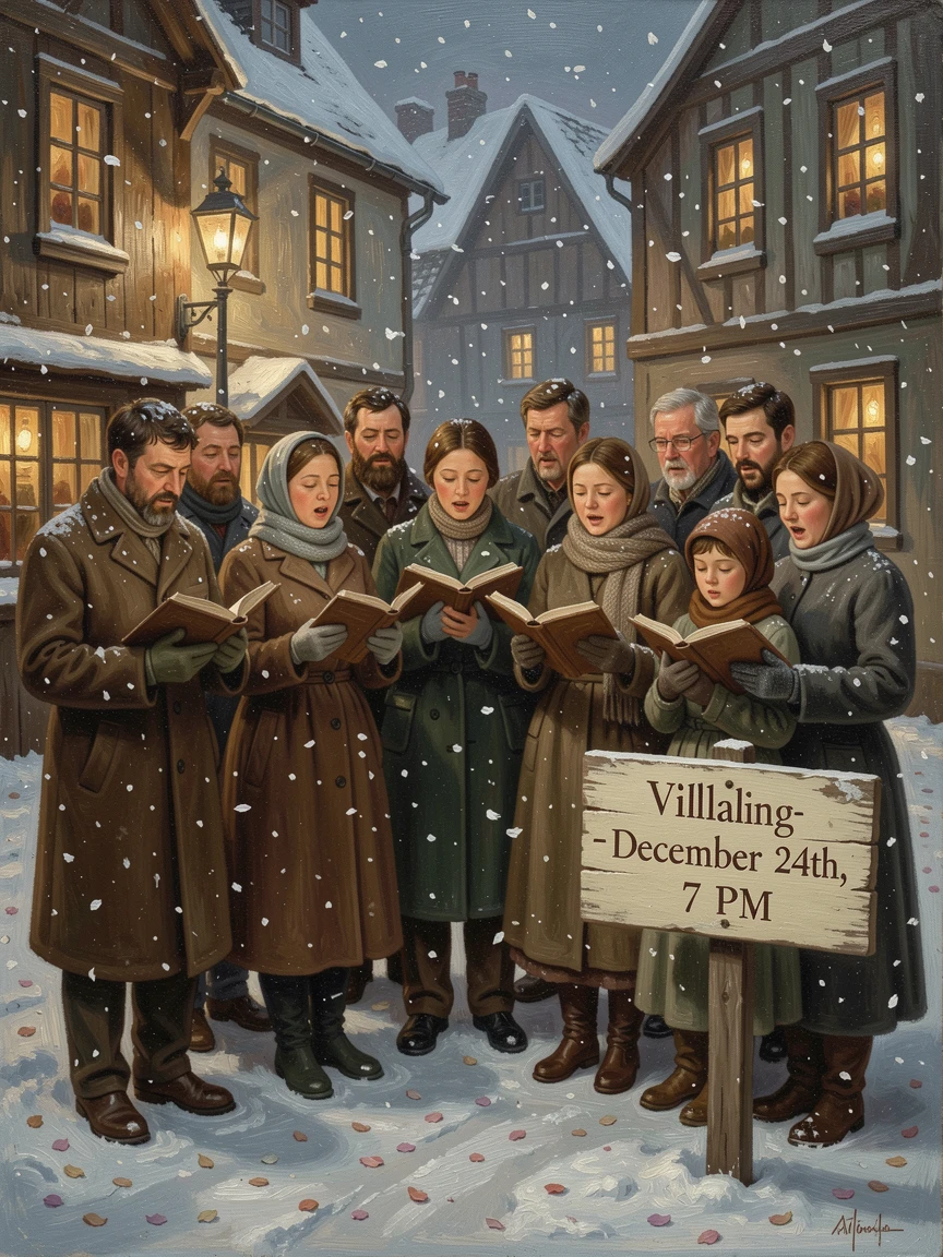 A winter holiday choir singing carols beneath softly falling snow, as soft snow or flower petals drift gently through the air, radiating comfort, celebration, and heartfelt togetherness