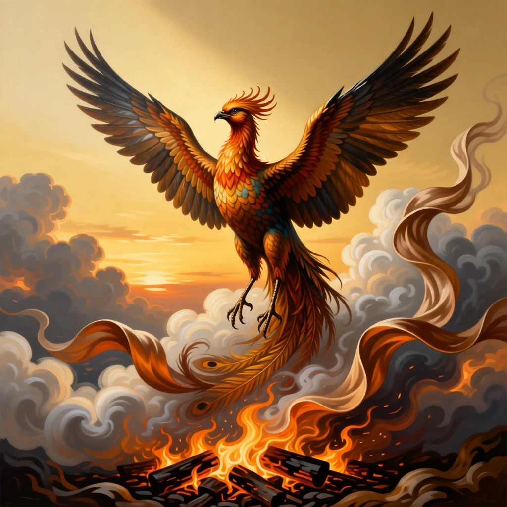 A phoenix rising from smoldering embers toward a golden sky as light and shadow embody opposing truths, set amid swirling clouds suspended between earth and sky, with drapery caught in a wind that seems to come from another world; a triangular arrangement lends the scene classical stability and gravity, radiating timeless wisdom and moral clarity.