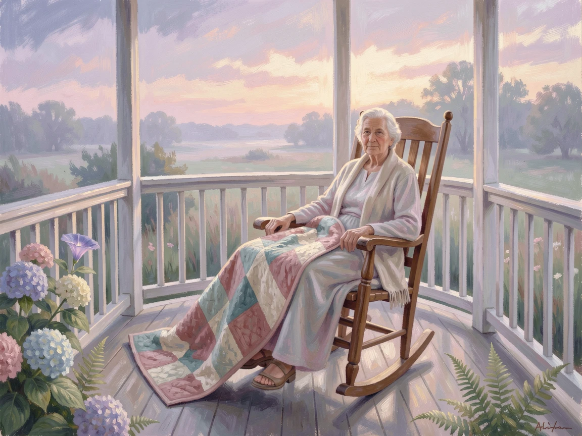 A grandmother in a rocking chair on a wraparound porch, a quilt draped over her lap as evening falls, in the gentle hush of early morning.