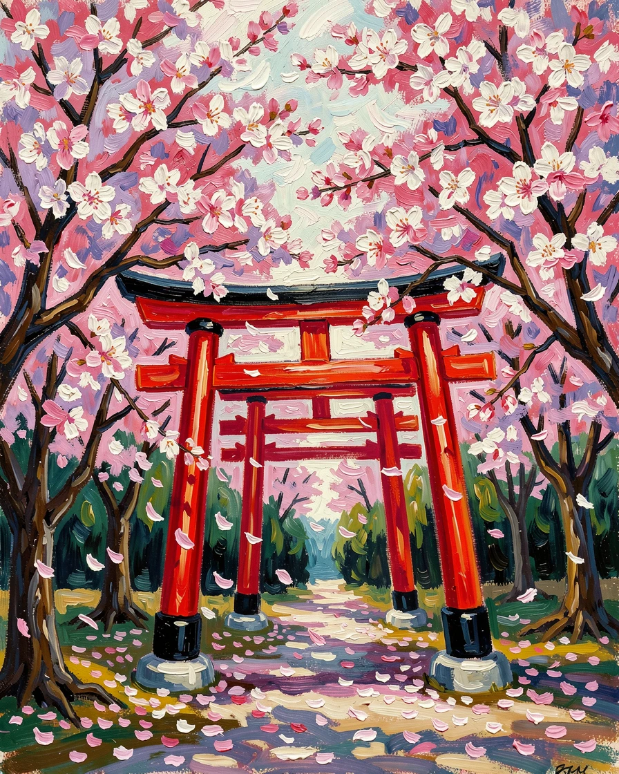 Cherry blossoms framing a red torii gate at a quiet Japanese shrine.