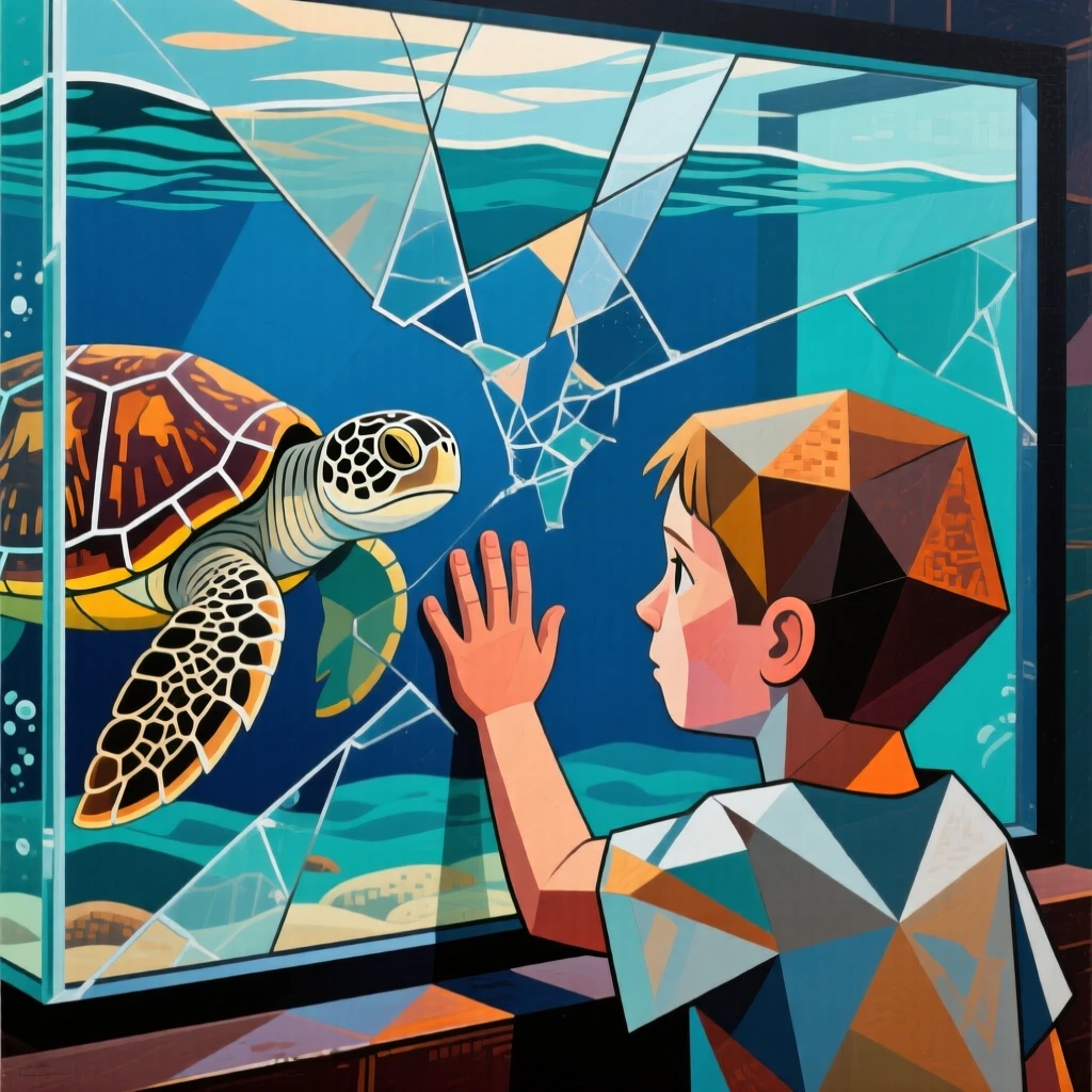 A child pressing a hand against an aquarium window to greet a passing sea turtle.