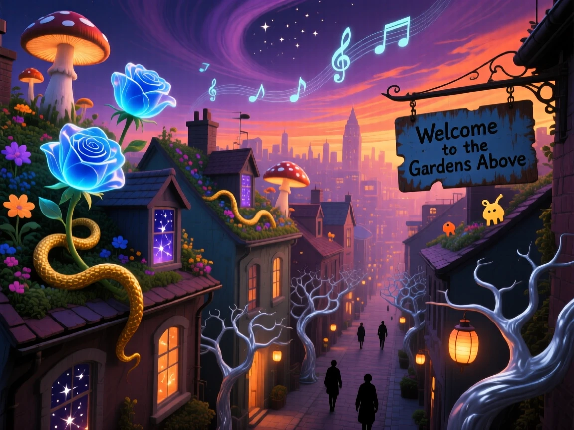 A city where every rooftop is a small, tended garden feels warm, familiar, and just slightly impossible, while distant music drifts faintly through the still evening air.
