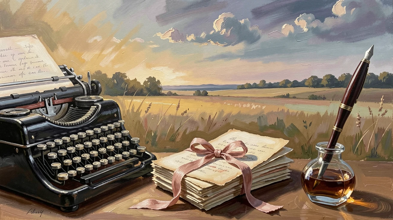 A vintage typewriter sits beside a stack of handwritten letters tied with faded ribbon, a fountain pen resting on an inkwell nearby, the changing light gradually shifting the mood of the landscape from moment to moment.