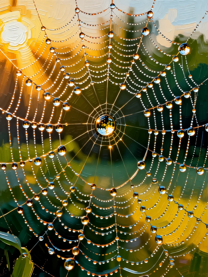 An extreme close-up of a dew-covered spiderweb glistening in early morning sunlight
