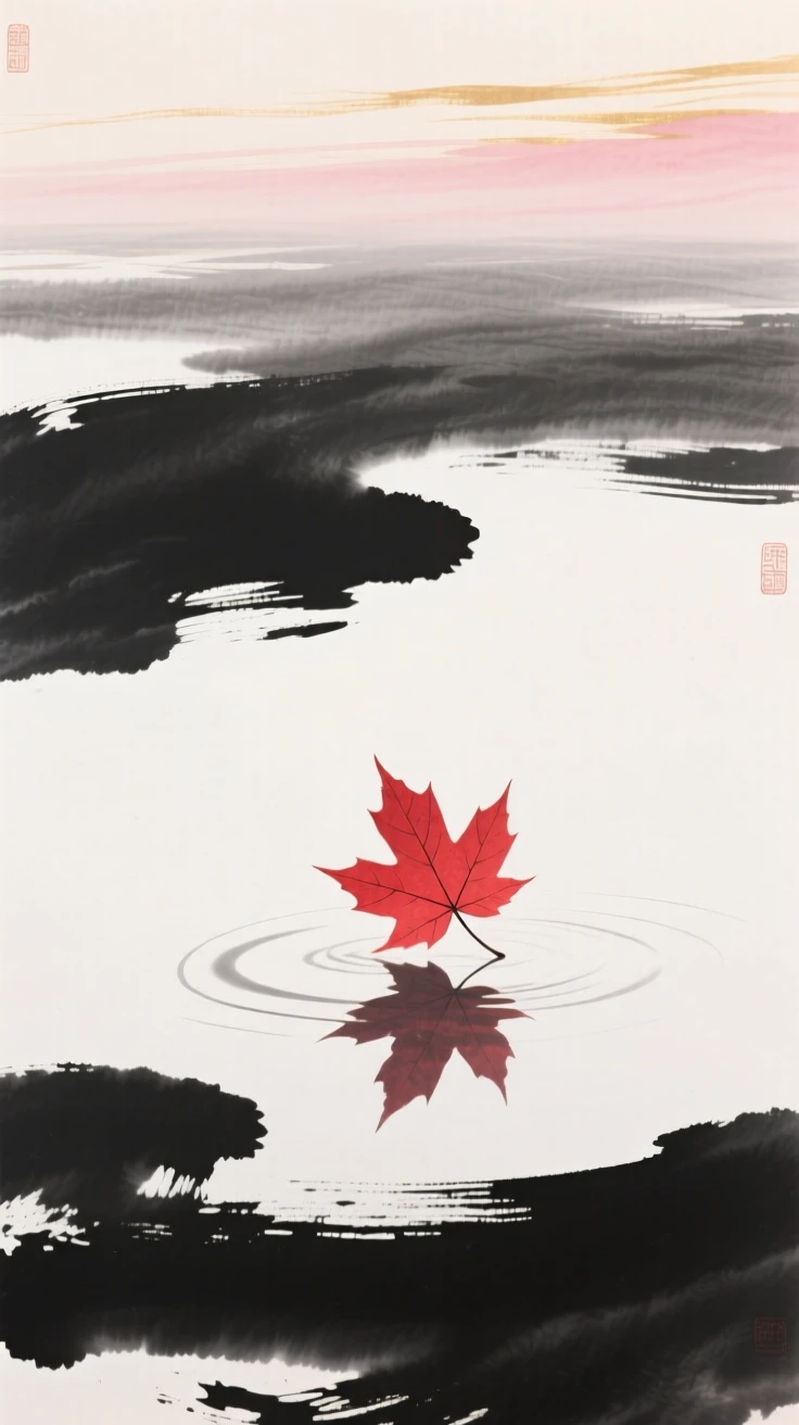 A single red maple leaf drifts down onto the surface of a still pond, beneath a sky streaked with the soft colors of late afternoon.