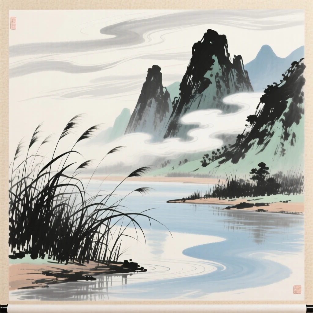 A peaceful riverside dotted with reed beds, with wisps of cloud drifting slowly through the peaks, under drifting clouds, under a sky streaked with clouds.