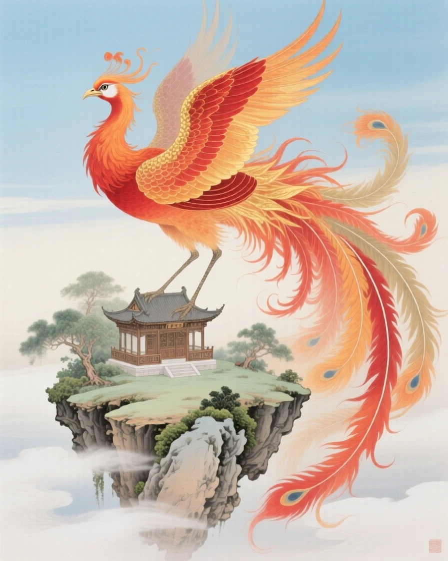 A phoenix wreathed in glowing flame-colored plumage around a floating island in the sky