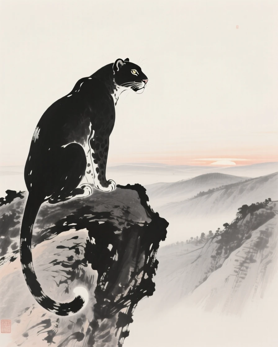 A leopard gathered near a watering hole at dawn on a rocky outcrop above a valley, captured in profile against a soft, empty background, suggesting calm alertness within a peaceful world.