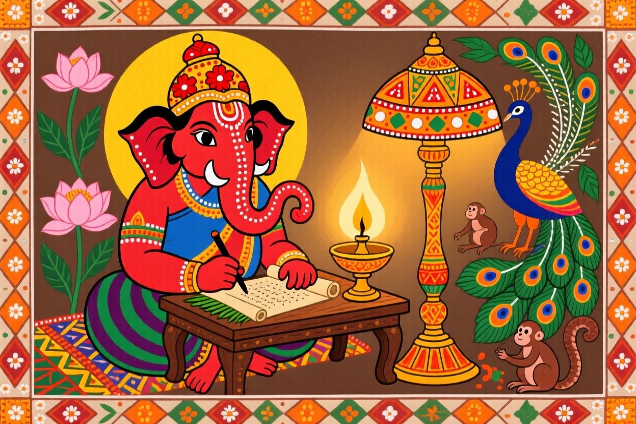 Ganesha writing an ancient epic beneath the light of an oil lamp.