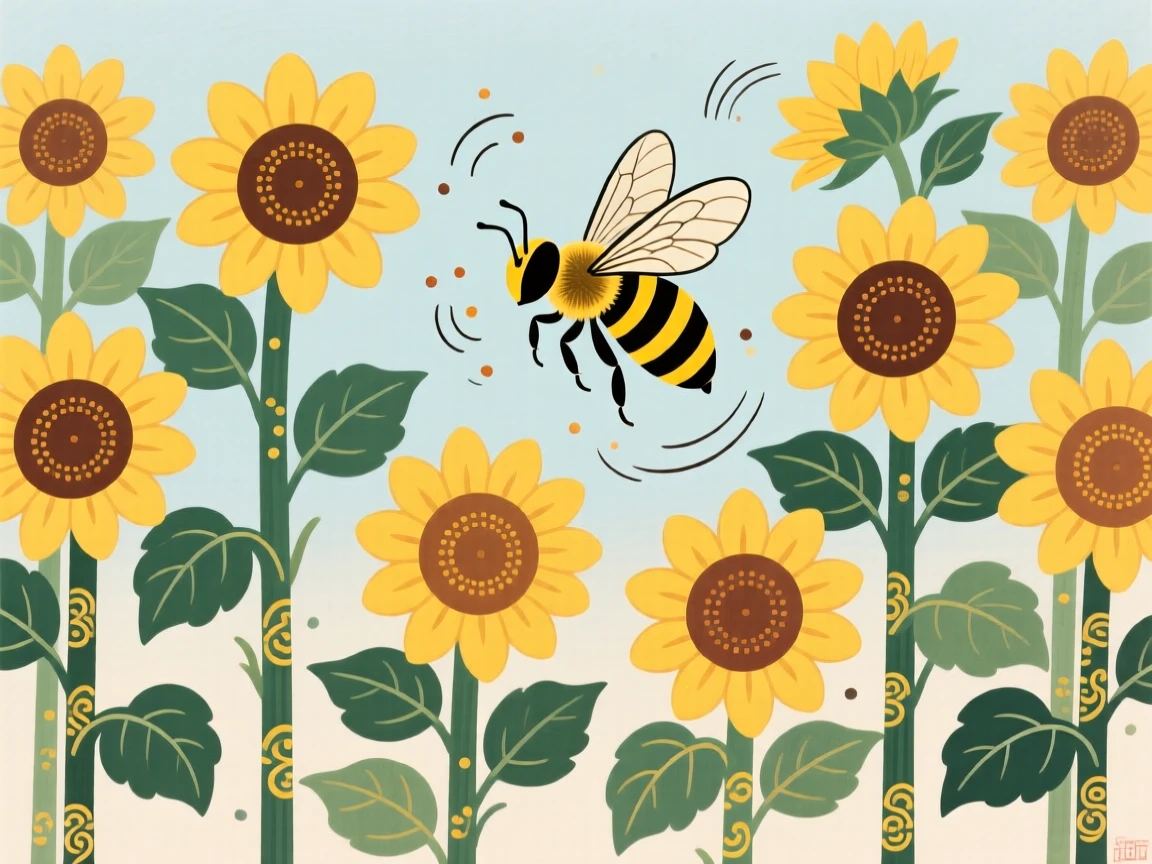 A honeybee flitting between rows of sunflowers.