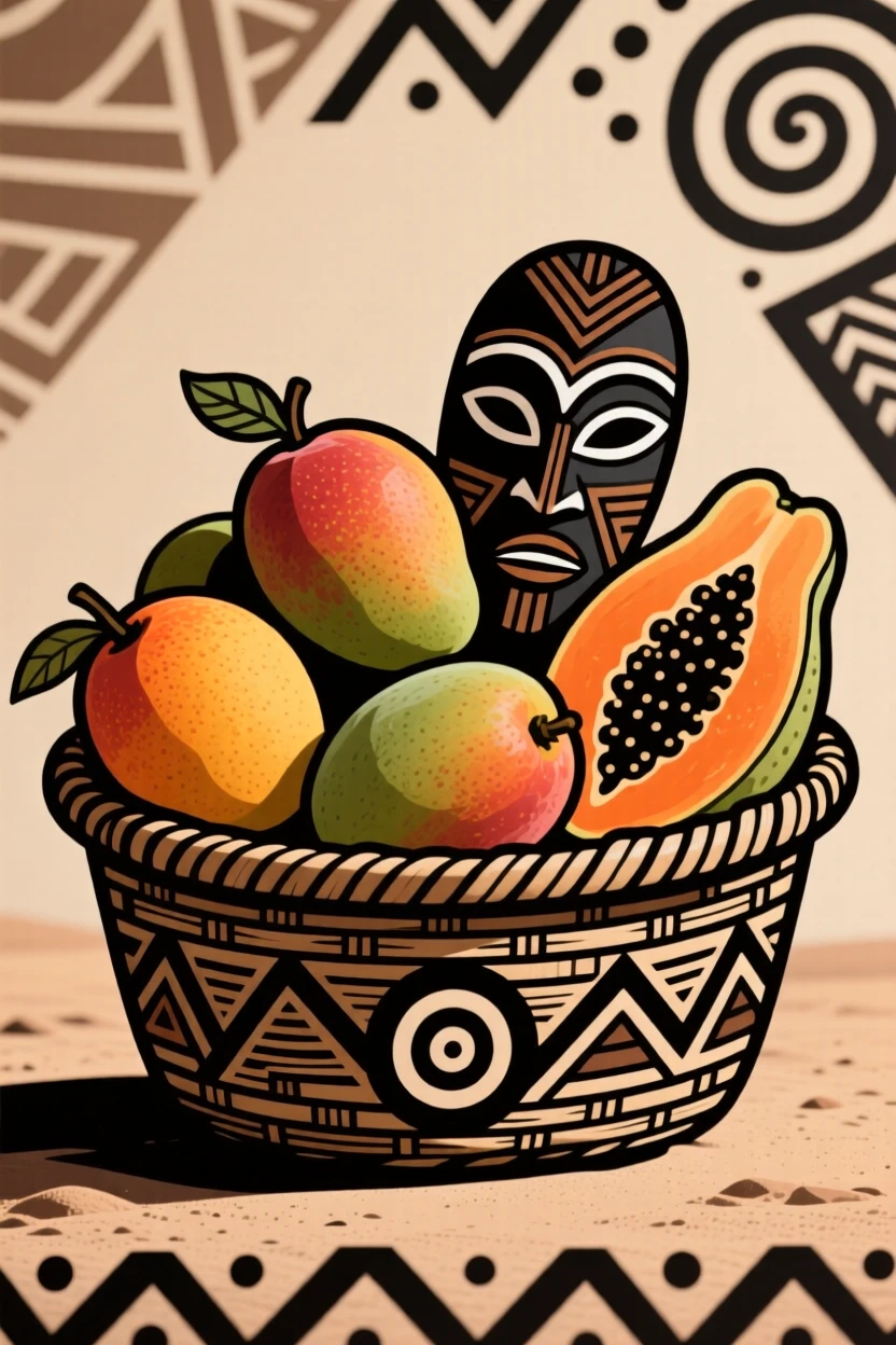 A pile of ripe mangoes and papayas in a wicker basket.