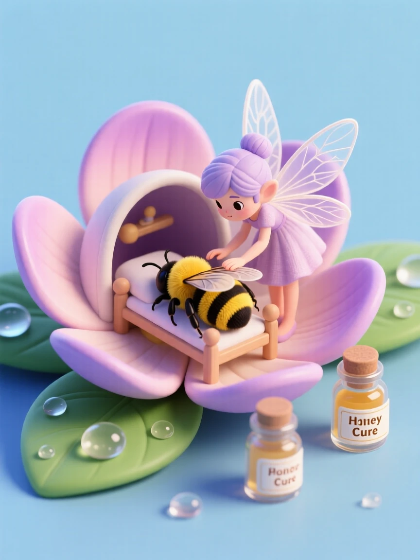 A tiny fairy tending to an injured bumblebee in a flower petal infirmary, dewdrops serving as tiny medicine bottles.