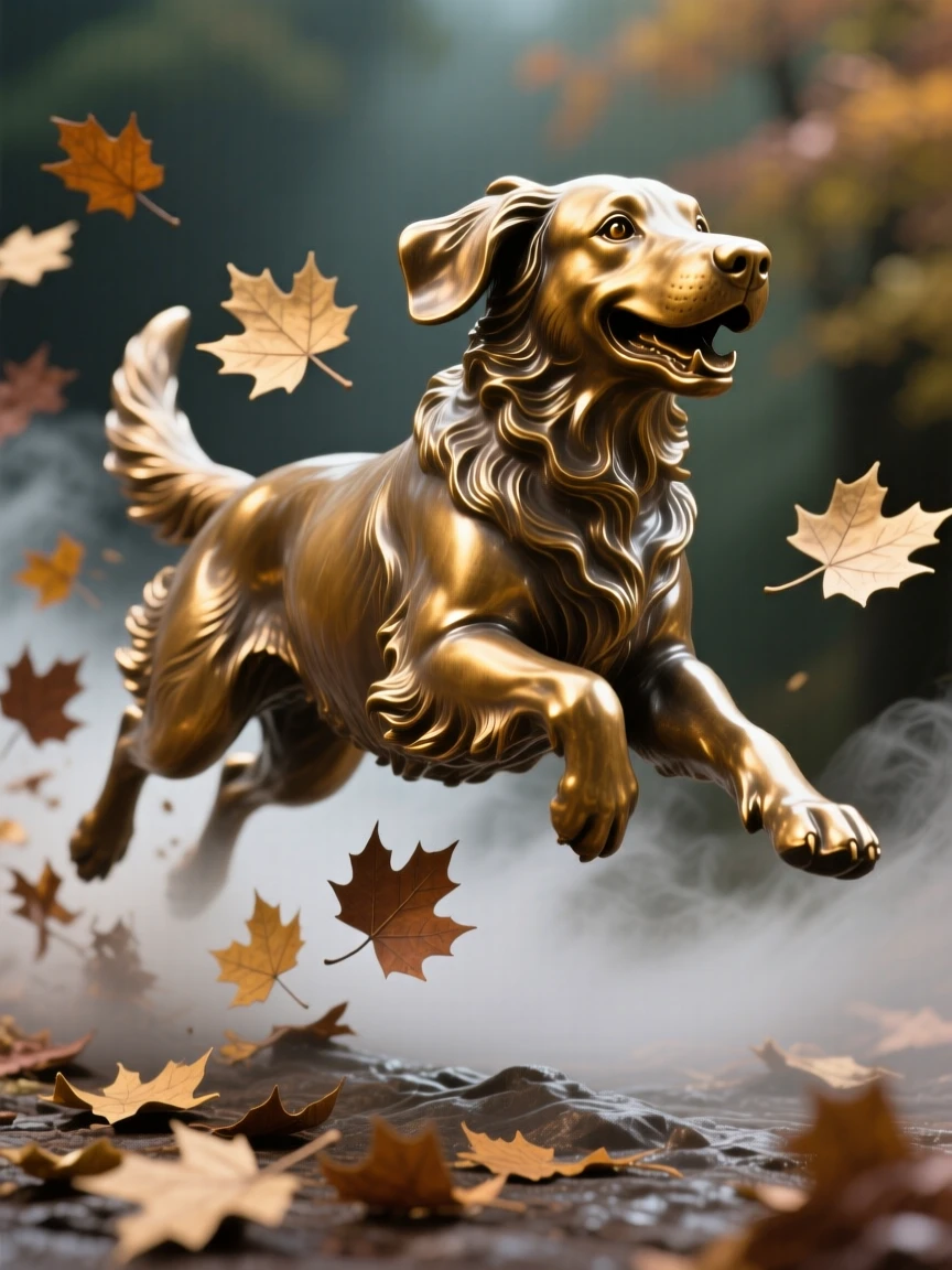A golden retriever bounding joyfully through autumn leaves, surrounded by atmospheric mist and light, evoking wonder and majesty