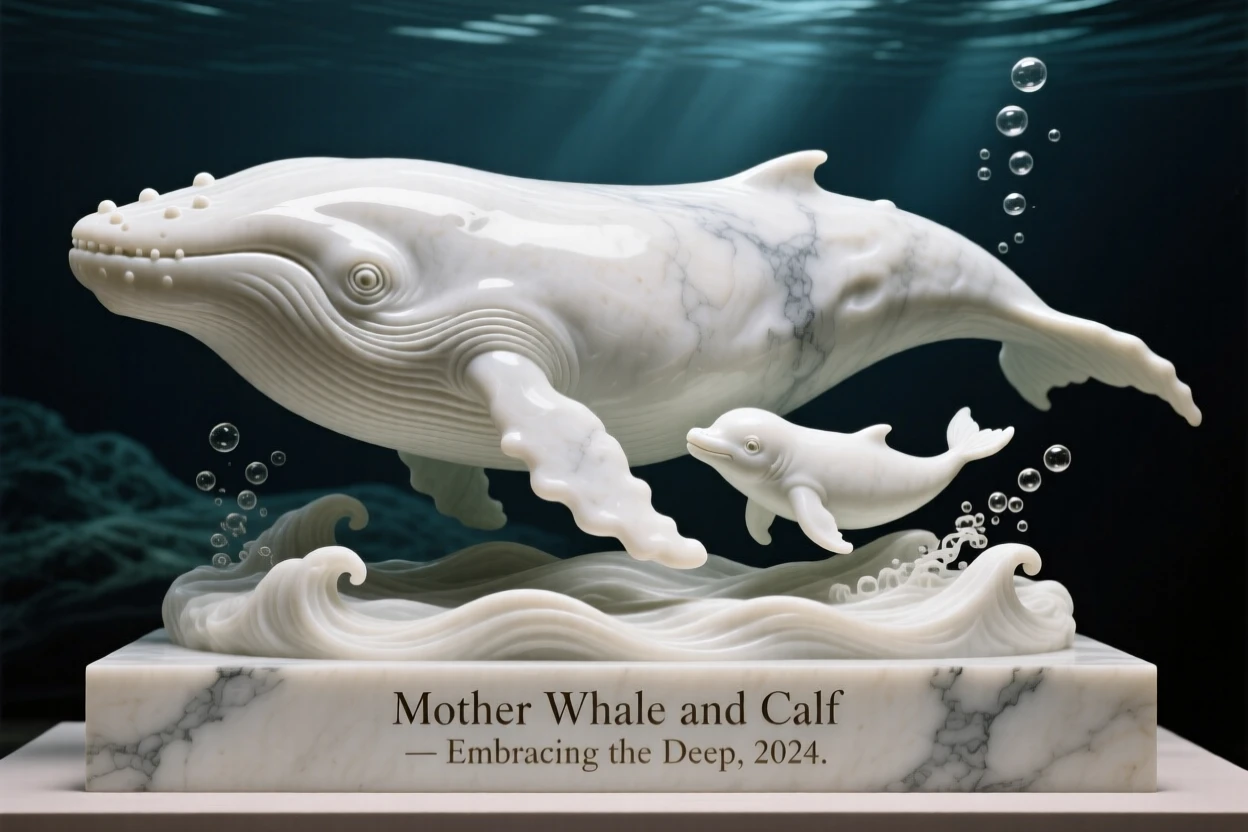 An evocative depiction of a mother whale swimming beside her calf, captured with cinematic depth and detail, balancing detail with emotional depth